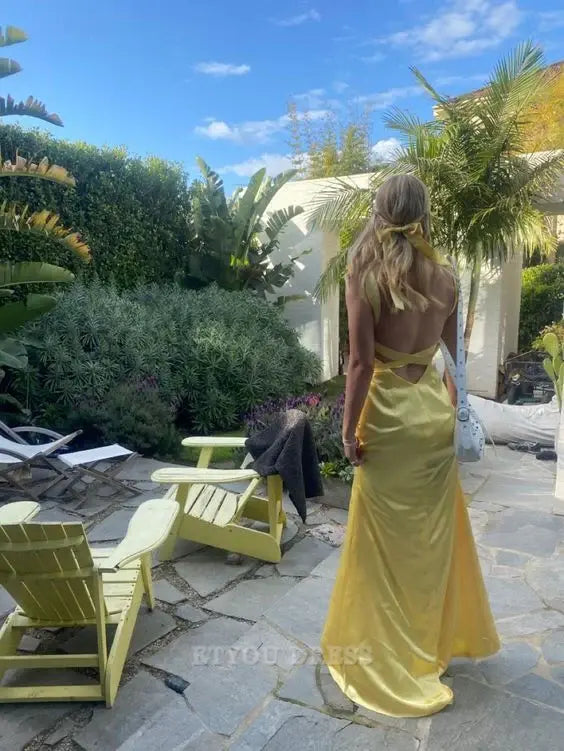 Sheath V-Neck Backless Satin Yellow Long formal dresses Bridesmaid Dresses evening gown Prom Dress
